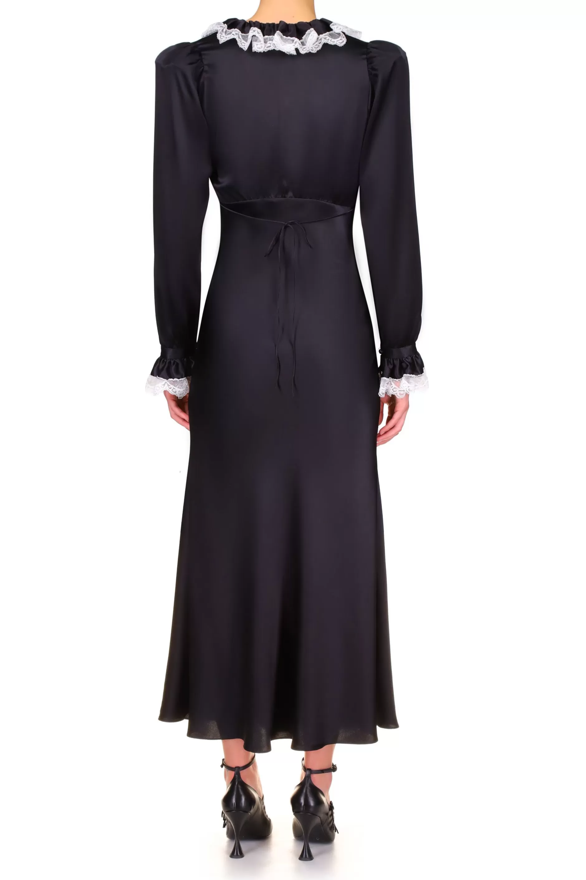 Dresses*Rodarte Black Silk Long Sleeve Dress With Off White Collar And Lace Trim