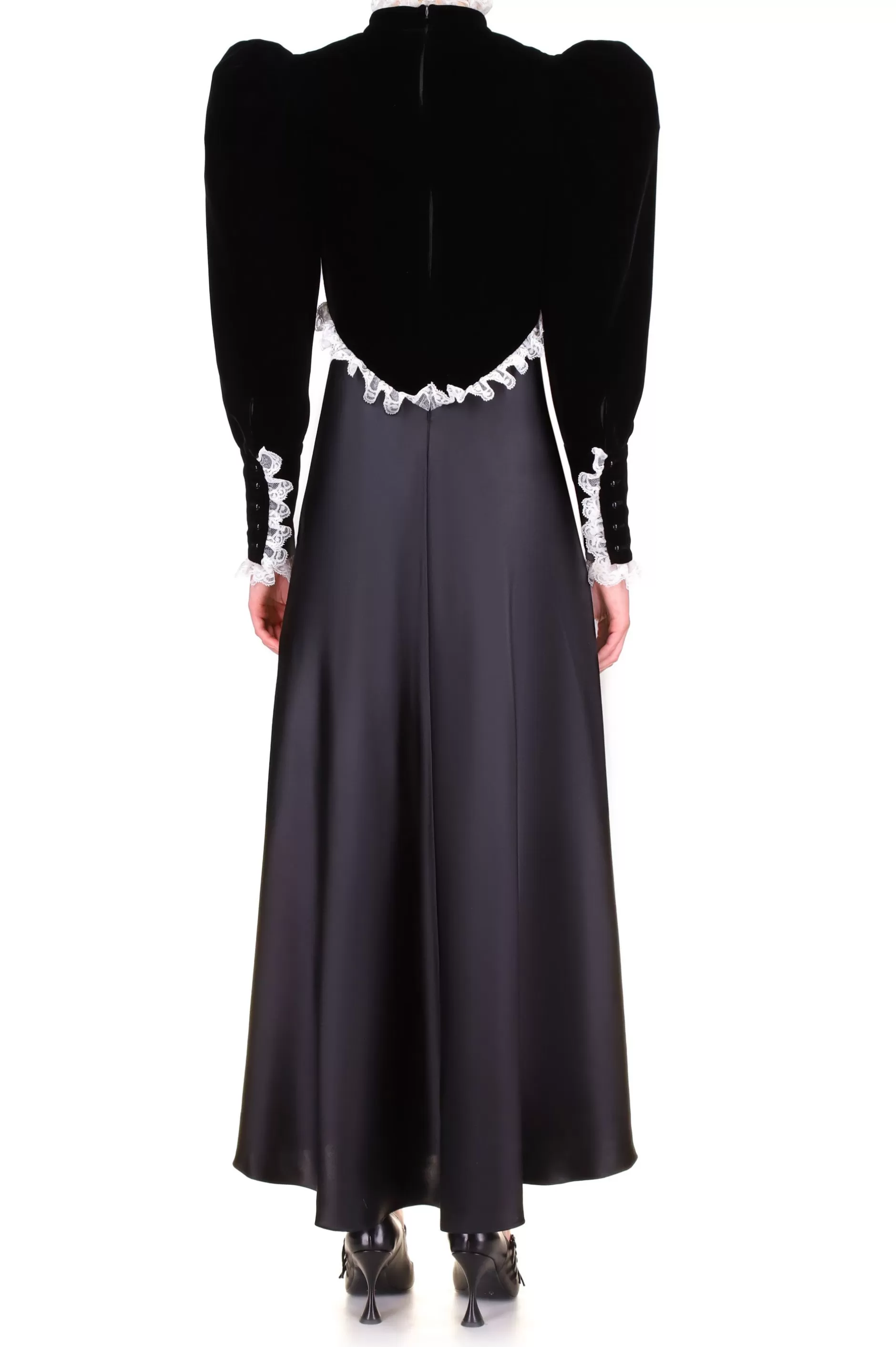 Dresses*Rodarte Black Silk Satin & Velvet Long Sleeve Dress With Lace Detail