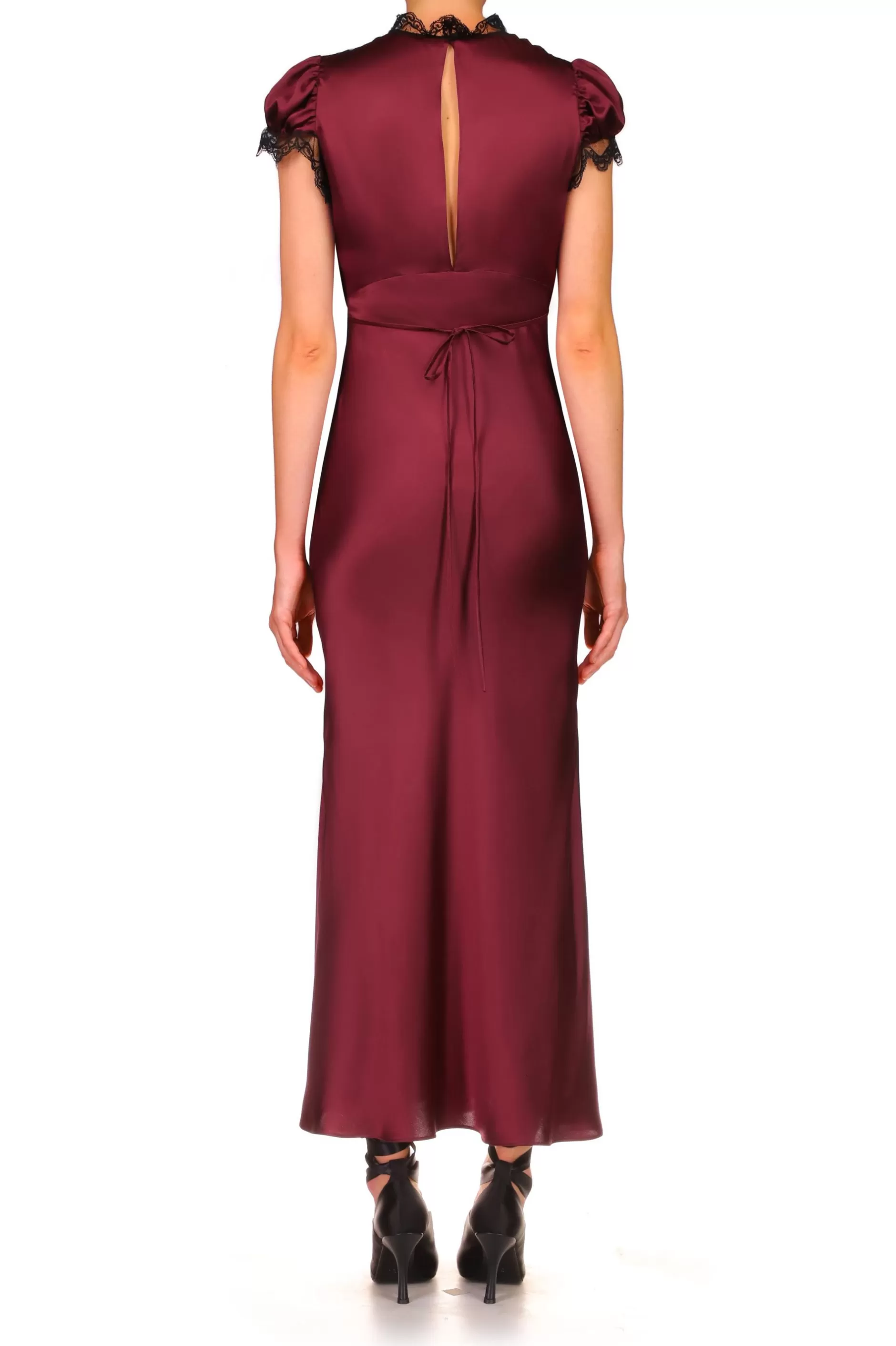 Dresses*Rodarte Burgundy Silk Satin Bias Dress With Lace And Ruffle Details