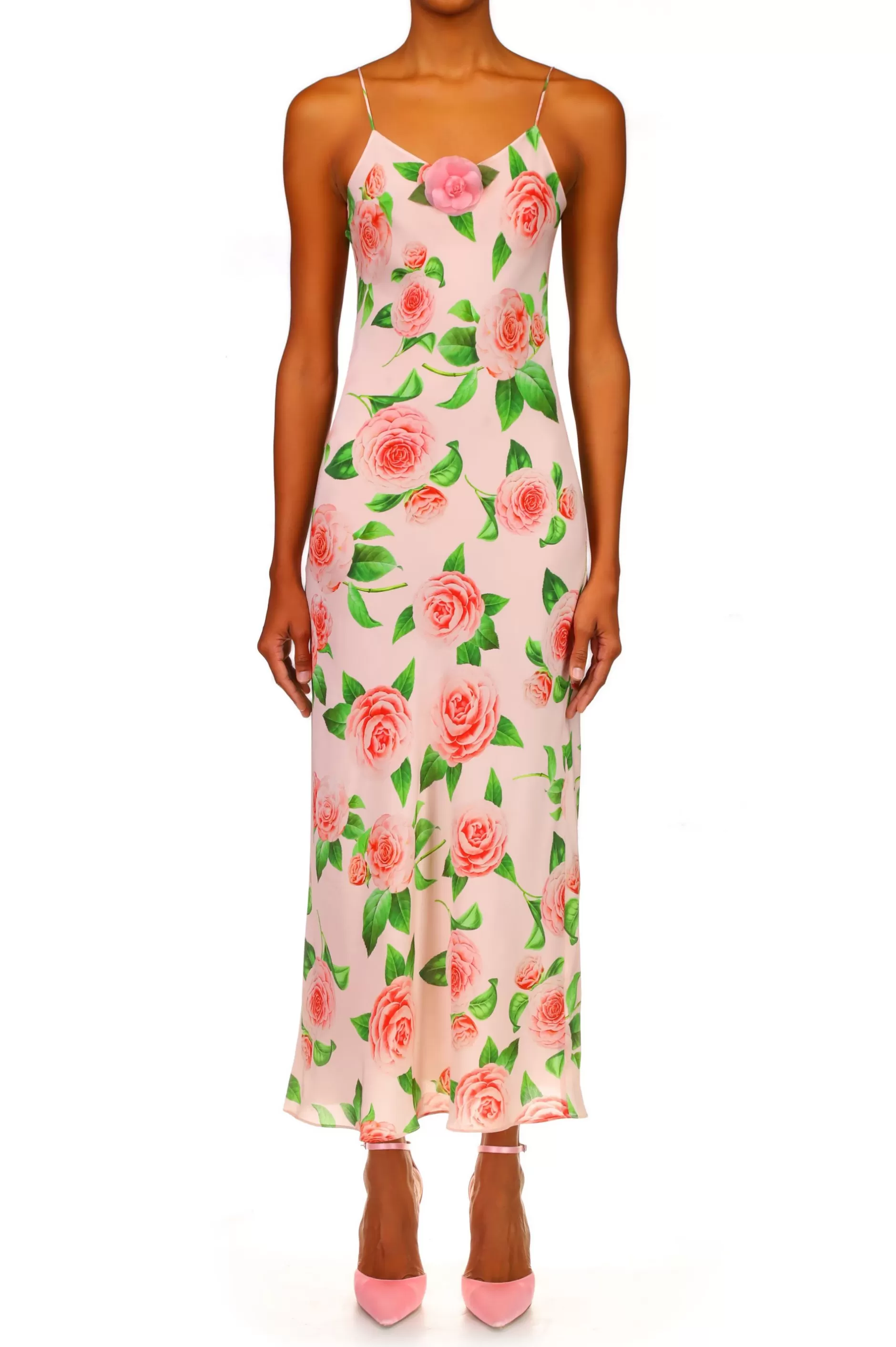Dresses*Rodarte Camellia Printed Silk Bias Slip With Silk Flower Detail