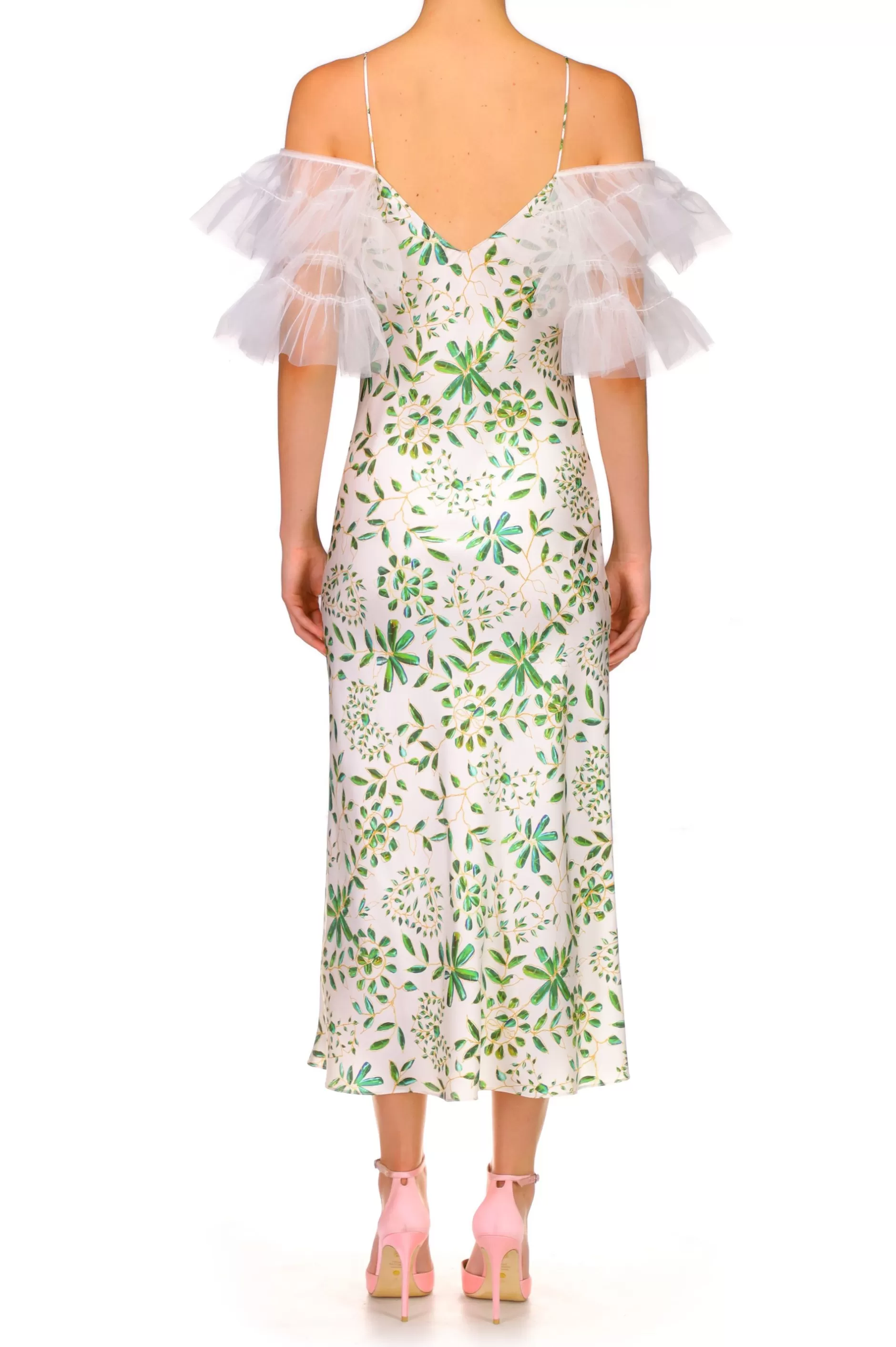 Dresses*Rodarte Green And White Printed Silk Bias Slip Dress With Ruffle Sleeves And Silk Flower