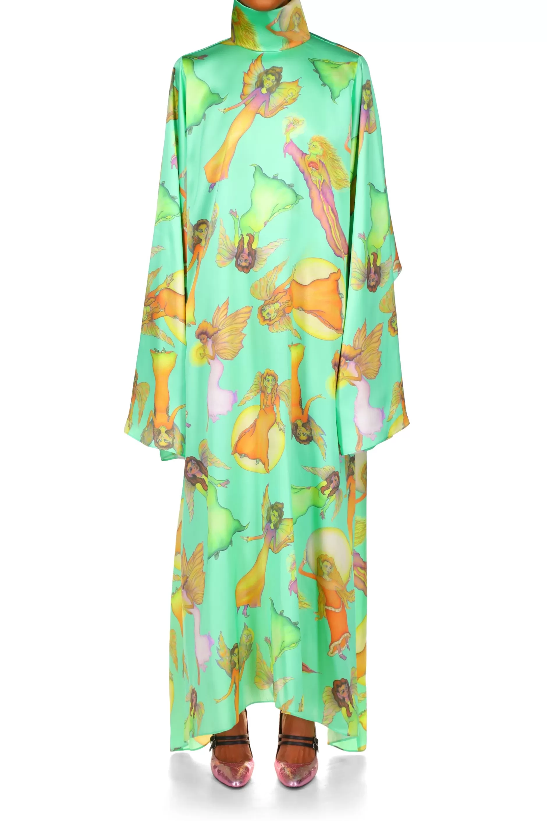 Dresses*Rodarte Green Fairy Printed Silk Satin Tunic Dress