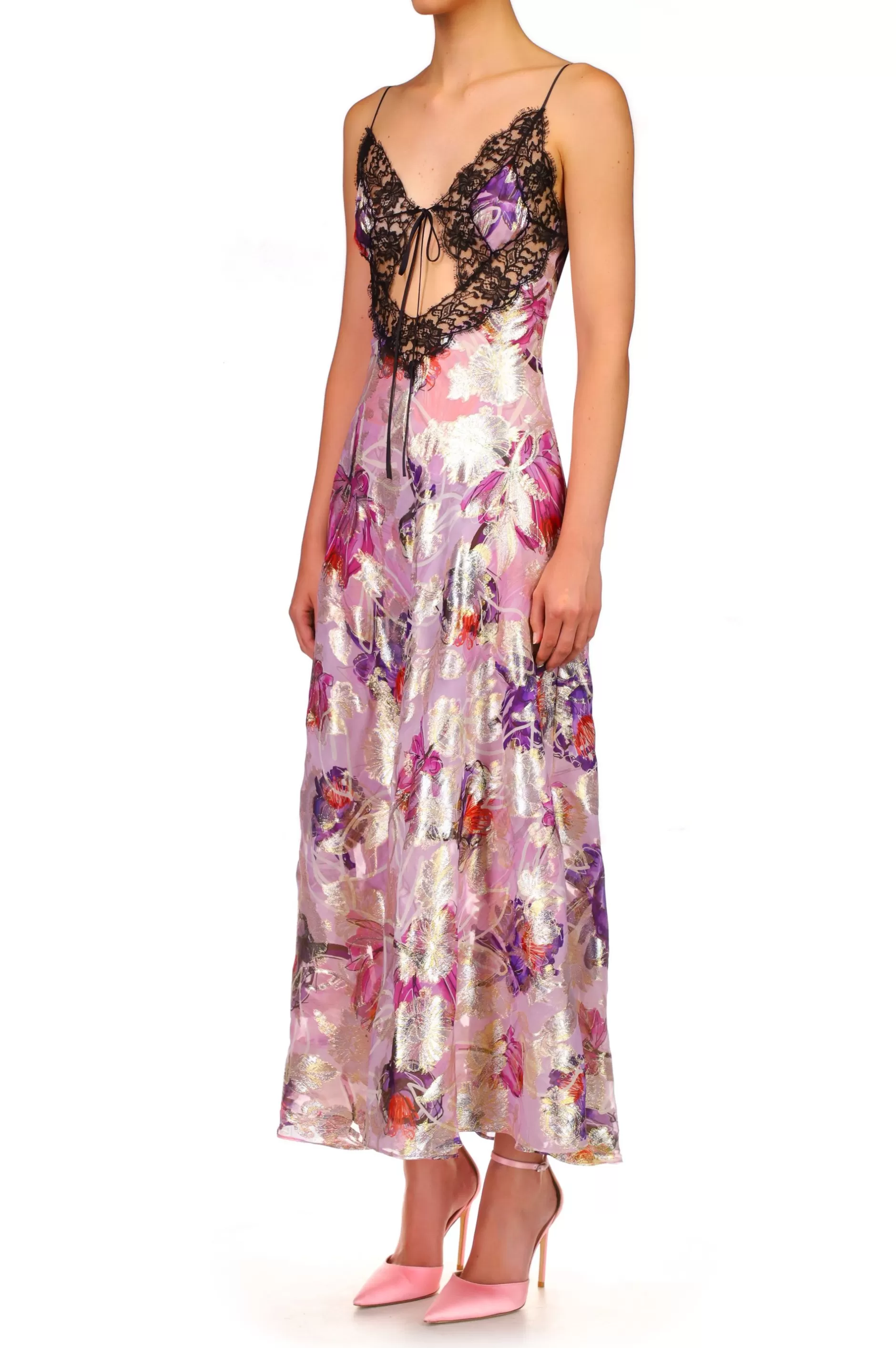 Dresses*Rodarte Lavender Floral Bias Dress With Black Lace