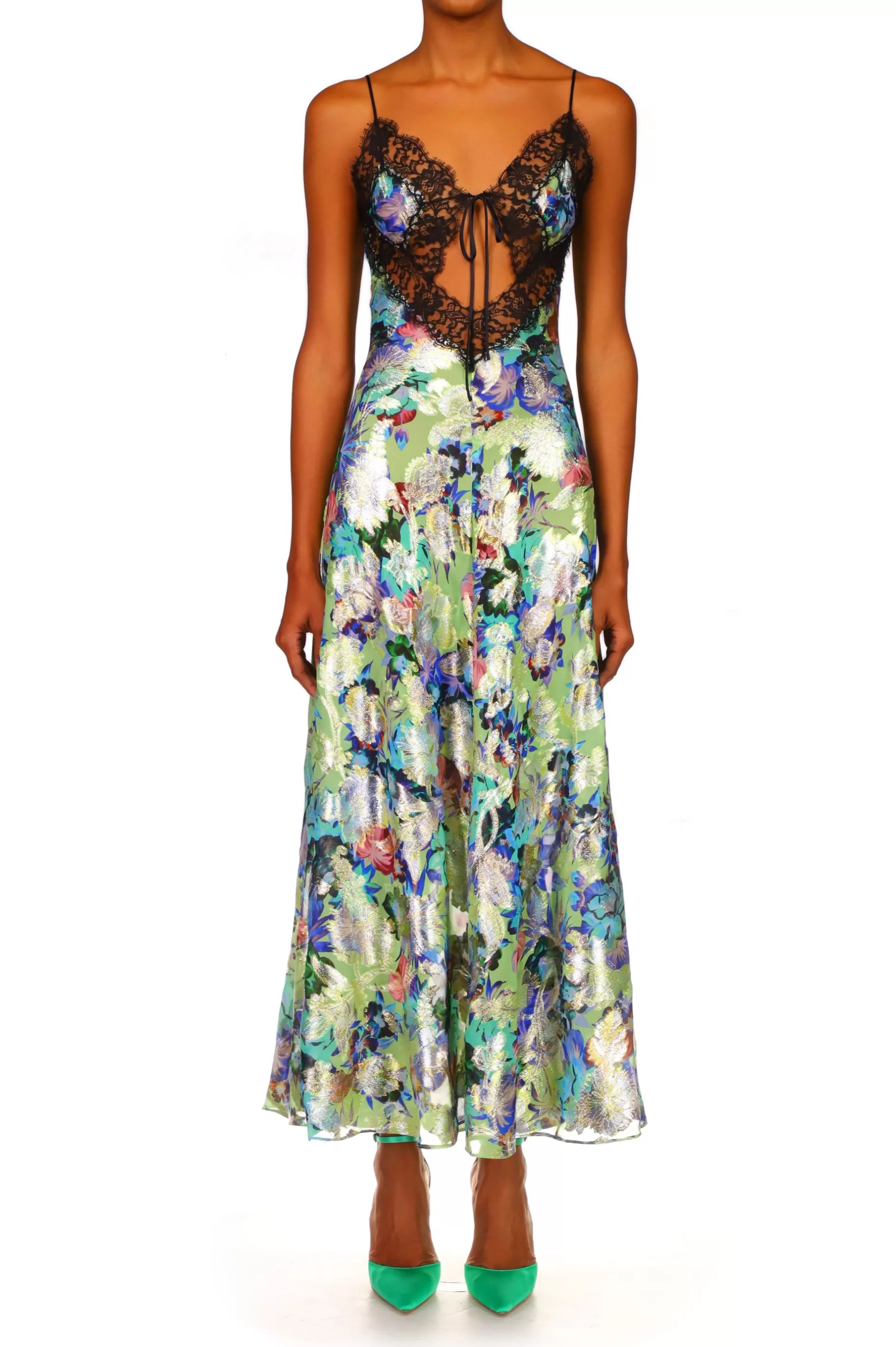 Dresses*Rodarte Mint Floral Lurex Jacquard Dress With Black Lace