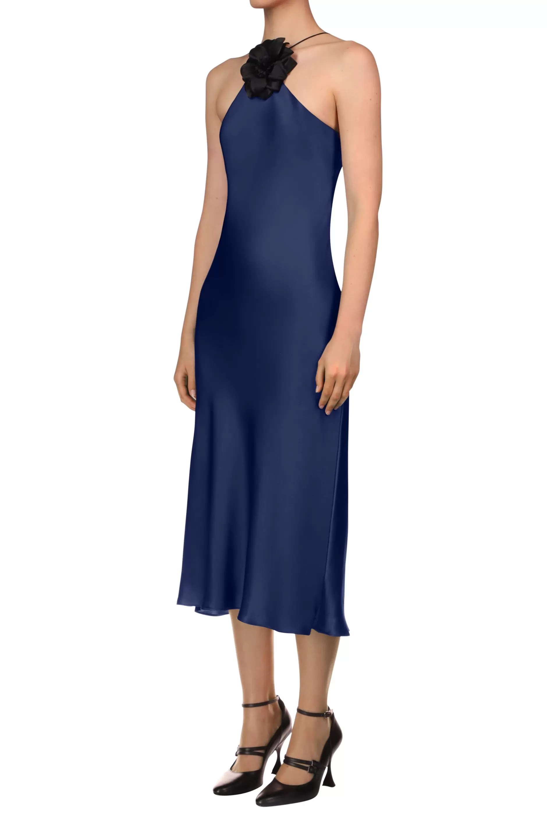 Dresses*Rodarte Navy Silk Satin Halter Dress With Flower