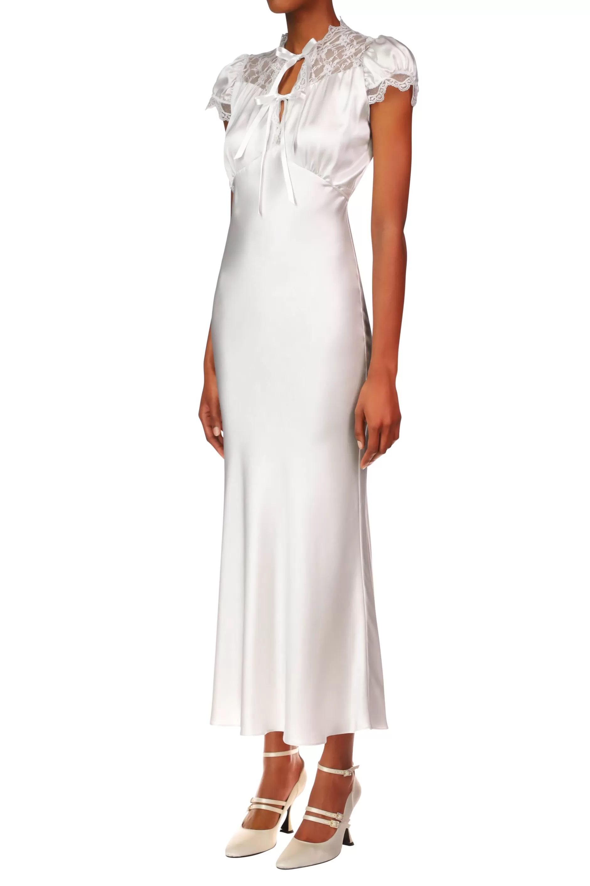 Dresses*Rodarte Off White Silk Satin Bias Dress With Lace And Ruffle Details