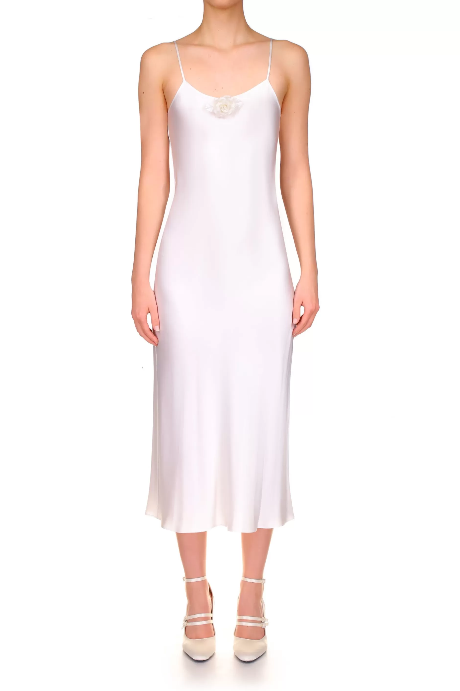 Dresses*Rodarte Off White Silk Satin Bias Slip With Silk Flower