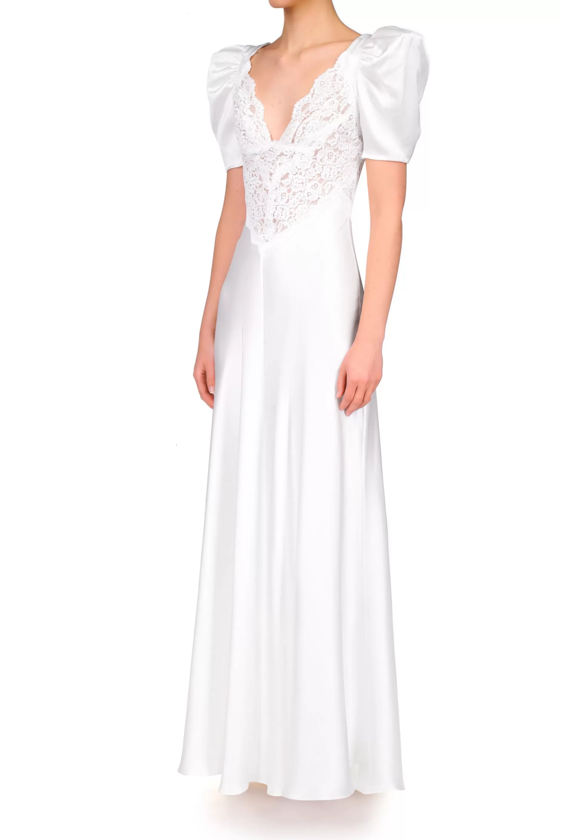 Dresses*Rodarte Off White Silk Satin Short Sleeve Gown With Lace Details