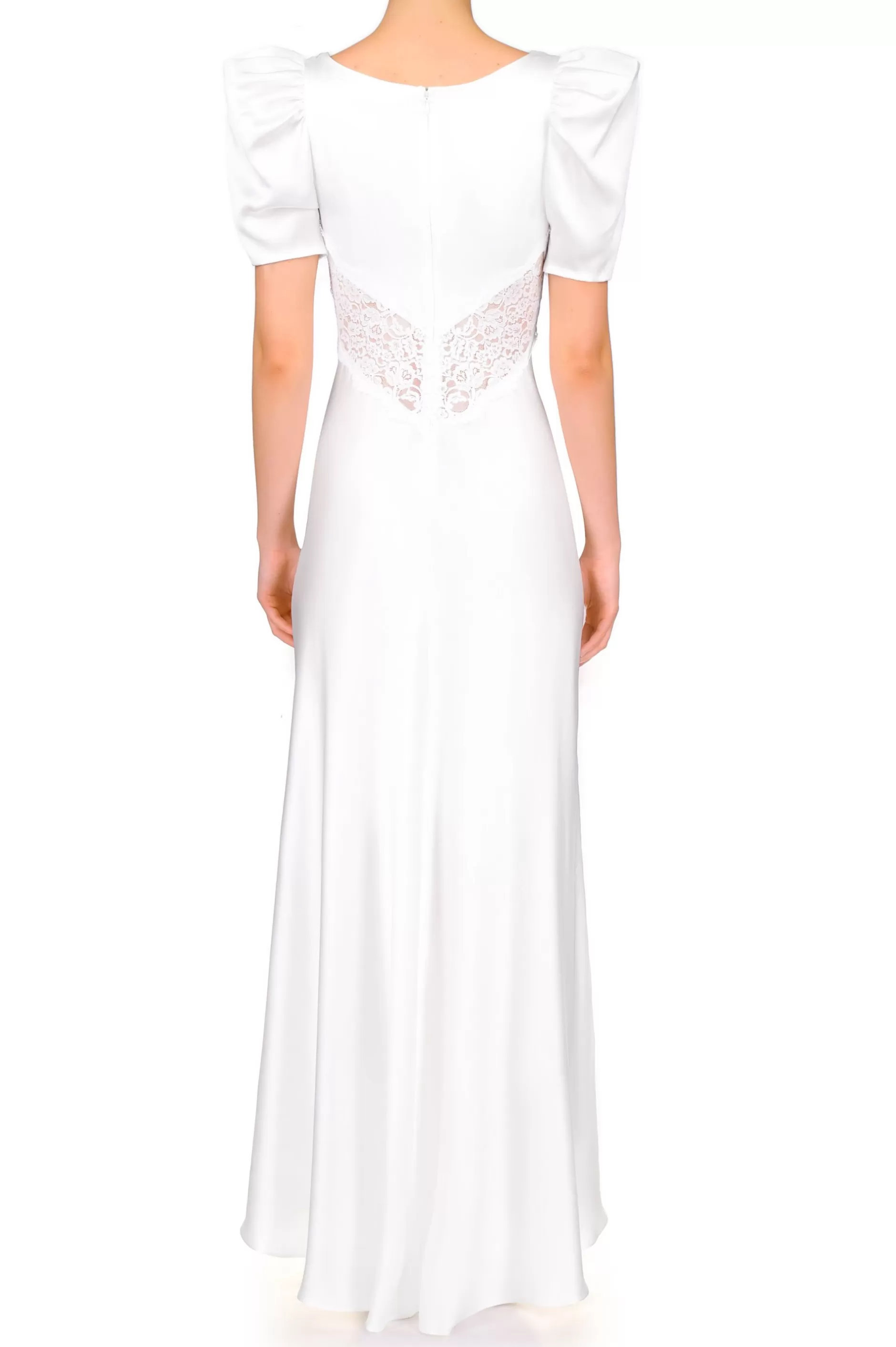 Dresses*Rodarte Off White Silk Satin Short Sleeve Gown With Lace Details