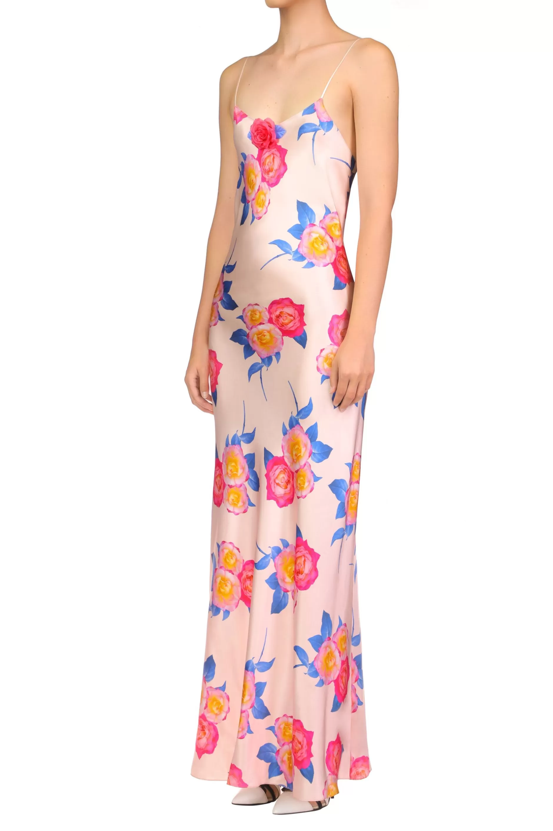 Dresses*Rodarte Pink And Blue Rose Printed Silk Bias Long Slip Dress With Silk Flower Detail