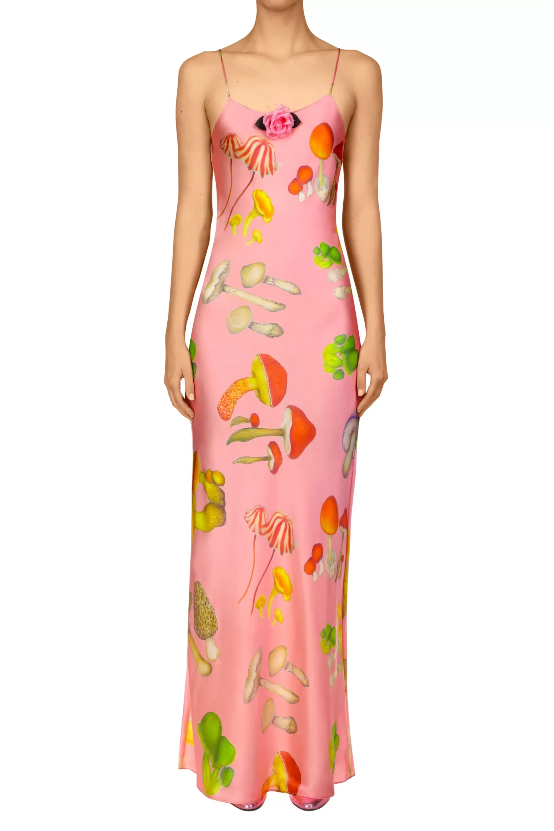 Dresses*Rodarte Pink Mushroom Printed Silk Satin Tea Length Slip Dress