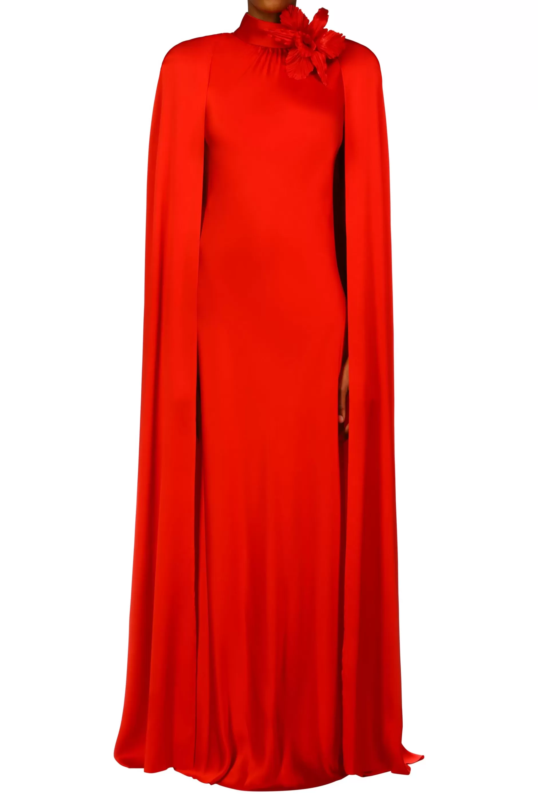 Dresses*Rodarte Red Silk Satin Cape Gown With Flower Pin