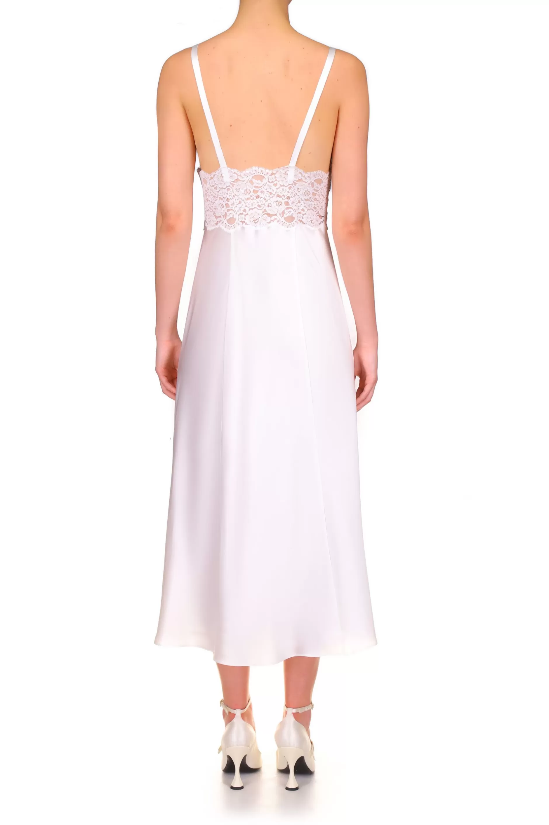 Dresses*Rodarte White Silk Satin And Lace Bias Slip Dress With Slit And Rose