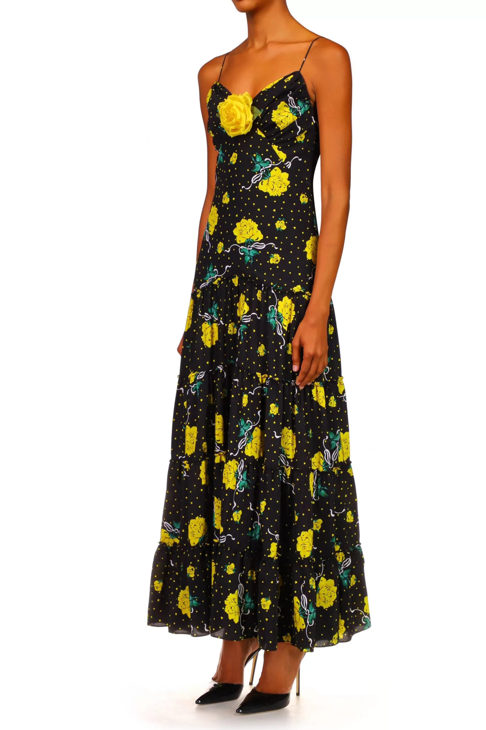 Dresses*Rodarte Yellow Rose Printed Silk Tiered Dress With Silk Flower